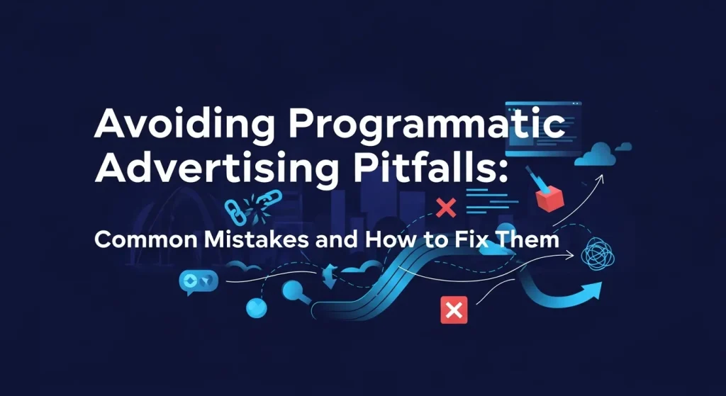 Digital marketers analyzing programmatic advertising errors and optimizing campaigns using data insights.