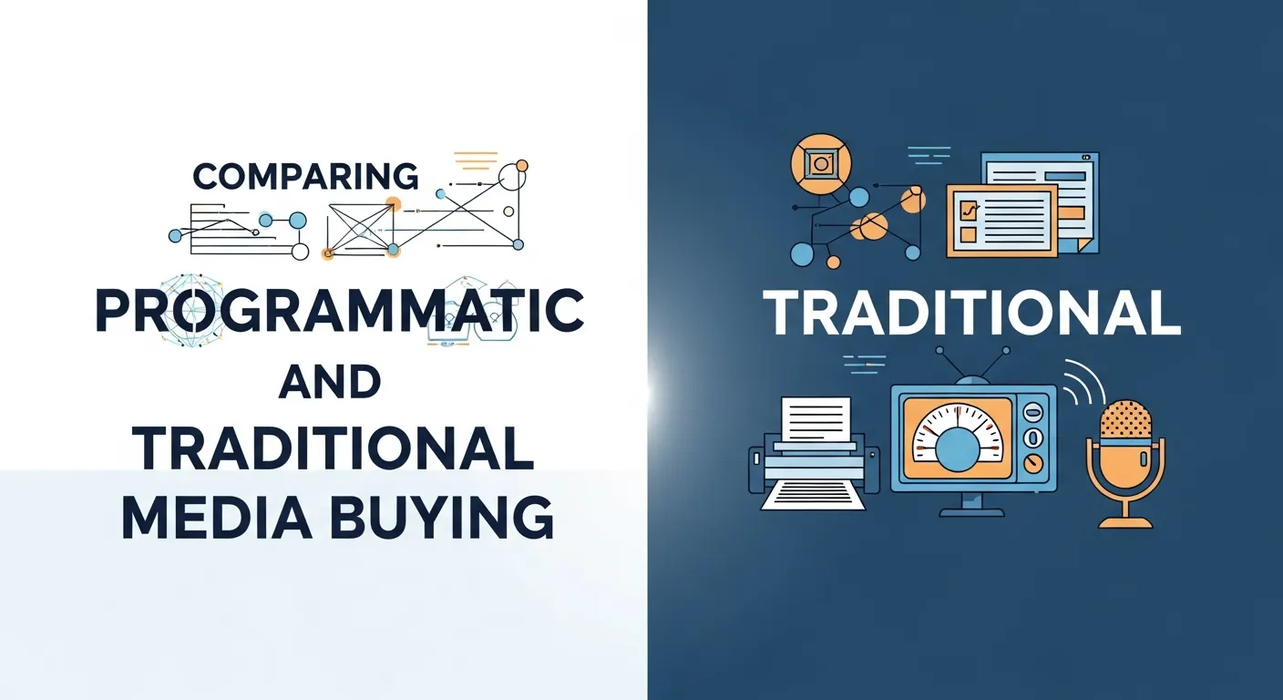 Infographic comparing programmatic buying and traditional media buying, including workflow, efficiency, and targeting differences.