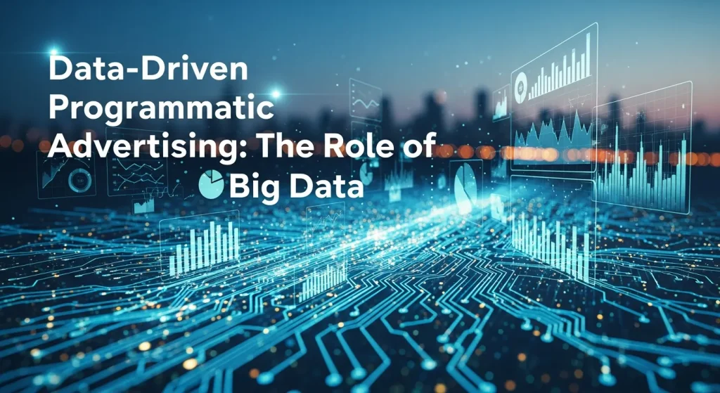 Illustration representing data-driven programmatic advertising, highlighting big data analytics, automated ad buying, audience targeting, real-time bidding, and performance optimization