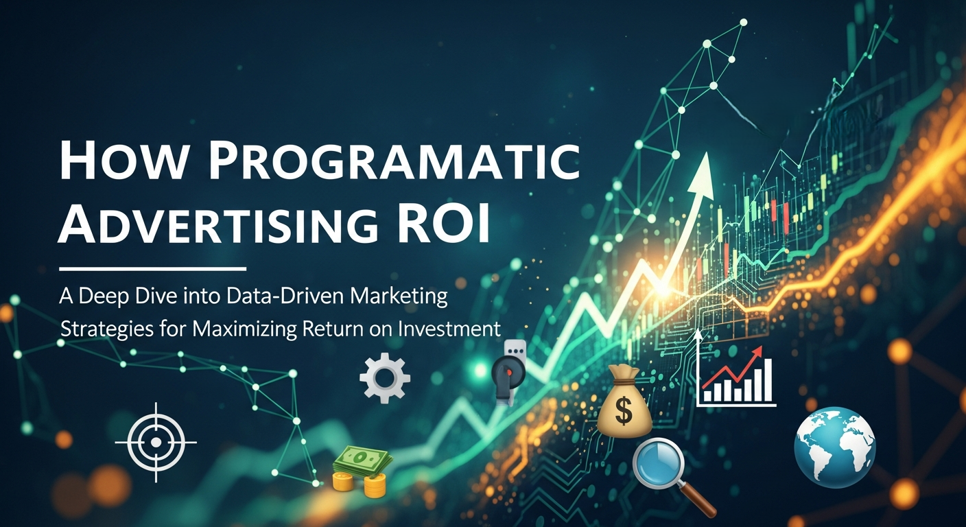 Illustration showing how programmatic advertising enhances ROI for marketers, featuring performance analytics dashboards, automated bidding, audience targeting, and real-time campaign optimization