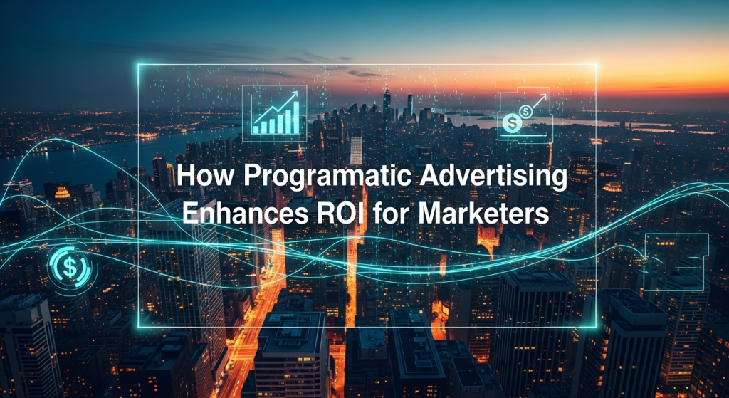 Illustration highlighting how programmatic advertising enhances ROI for marketers, showing automated bidding, precise audience targeting, real-time analytics, and continuous campaign optimization