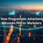 Illustration highlighting how programmatic advertising enhances ROI for marketers, showing automated bidding, precise audience targeting, real-time analytics, and continuous campaign optimization