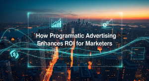 Illustration highlighting how programmatic advertising enhances ROI for marketers, showing automated bidding, precise audience targeting, real-time analytics, and continuous campaign optimization