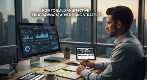 Illustration representing an effective programmatic advertising strategy, showing audience targeting, automated bidding, real-time ad placement, and campaign performance optimization