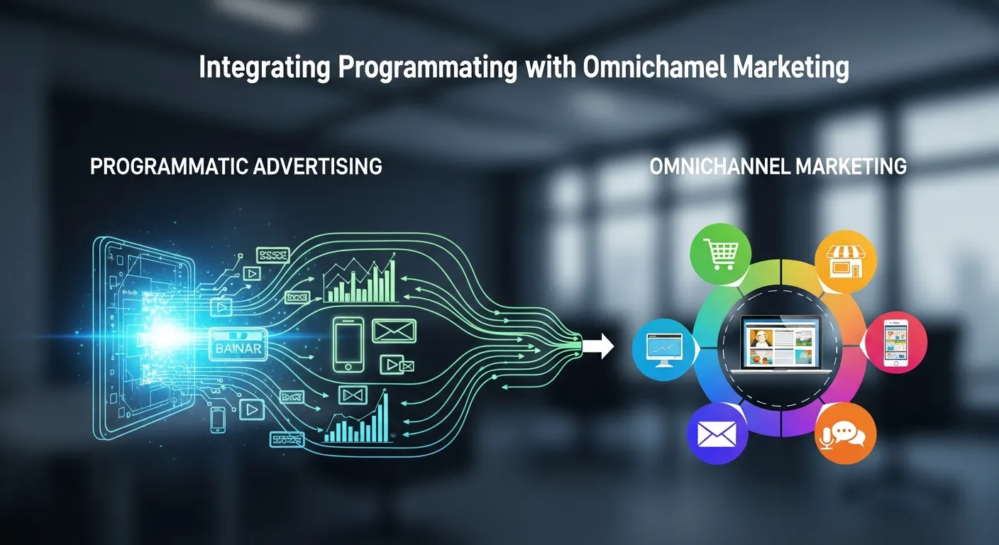 Graphic showing the integration of programmatic advertising with omnichannel marketing, highlighting coordinated ad campaigns across web, mobile, social media, and in-app platforms for seamless audience engagement.