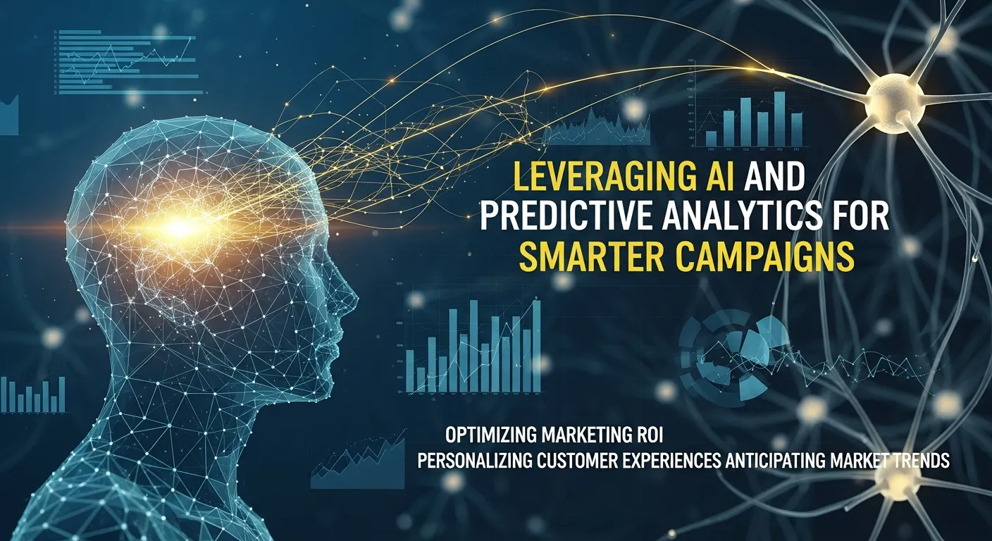 Illustration showing how AI and predictive analytics enhance programmatic advertising campaigns, featuring automated bidding, audience insights, real-time optimization, and data-driven performance forecasting