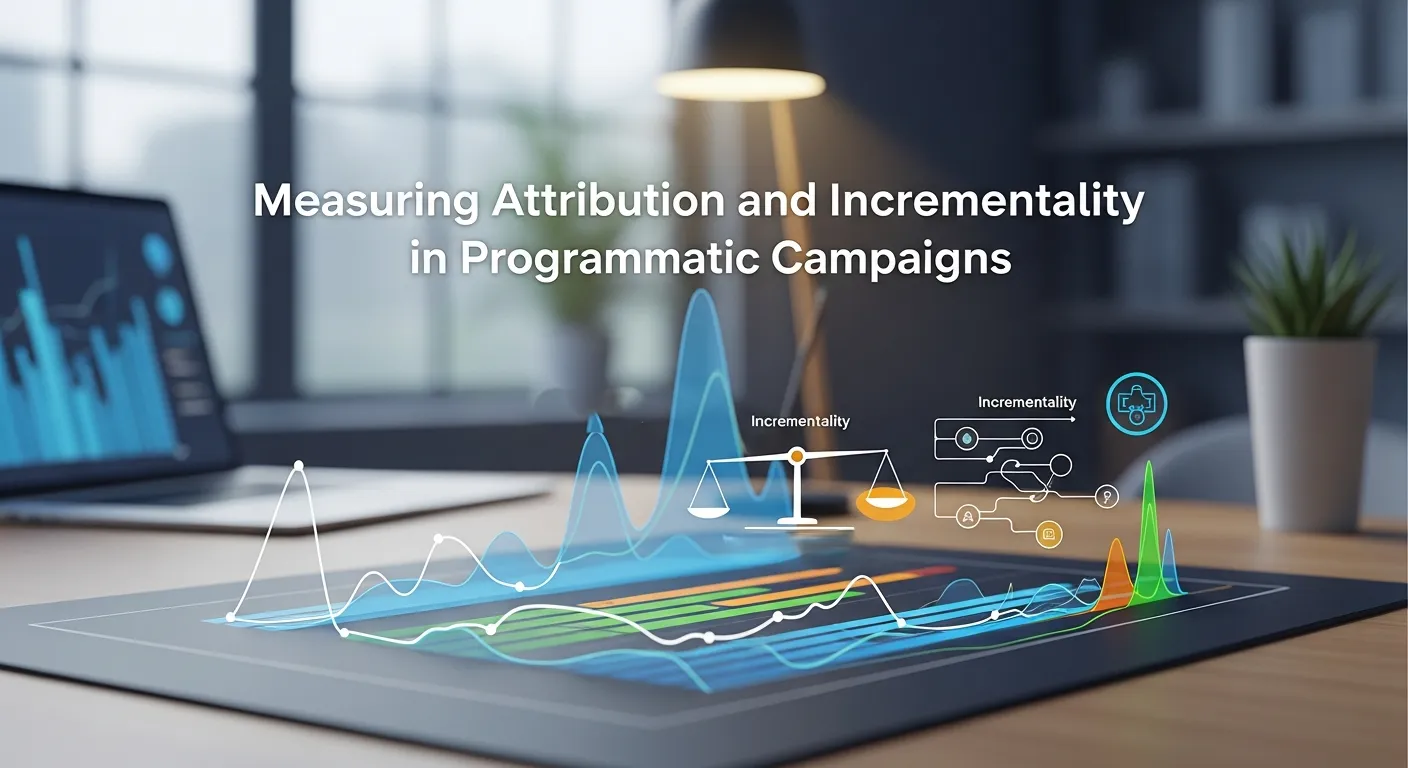 Graphic illustrating the measurement of attribution and incrementality in programmatic advertising, showing analytics dashboards, conversion tracking, performance metrics, and data-driven optimization