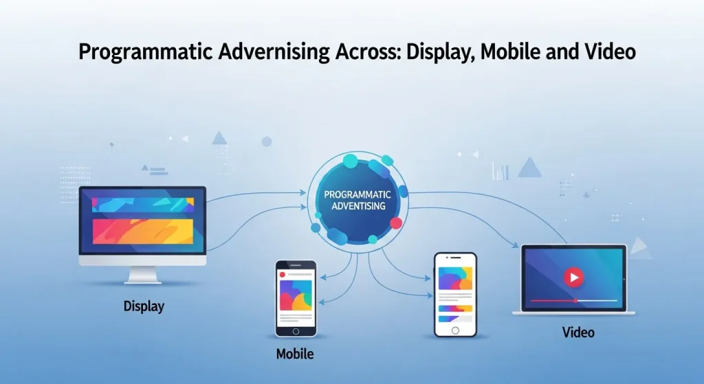 Diagram explaining programmatic advertising workflows across display, mobile, and video