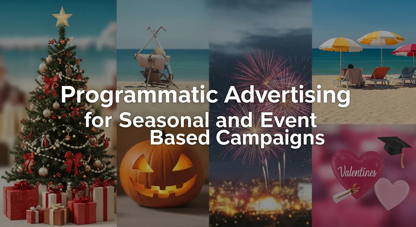 Graphic illustrating programmatic advertising for seasonal and event-based campaigns, showing timely ad placements, audience targeting, real-time bidding, and optimized campaign performance for special occasions