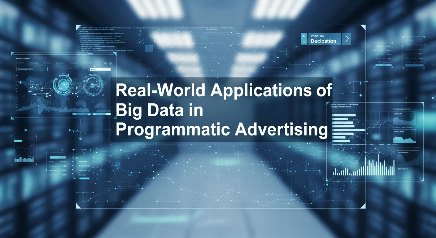 "Graphic illustrating real-world applications of big data in programmatic advertising, showing data-driven audience targeting, predictive analytics, personalized ad delivery, and campaign performance tracking