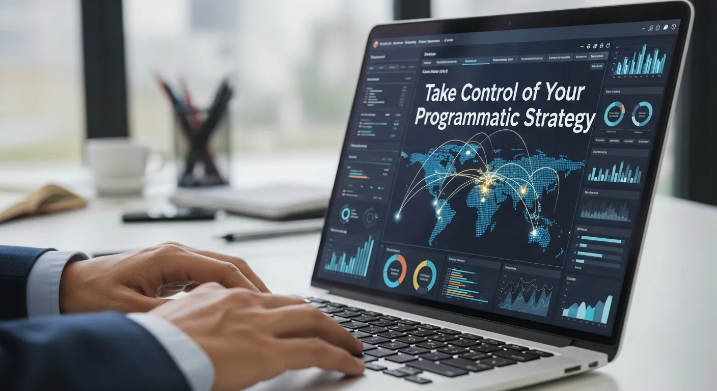 Illustration showing how marketers can take control of their programmatic advertising strategy, featuring dashboard management, automated bidding, campaign monitoring, and performance optimization