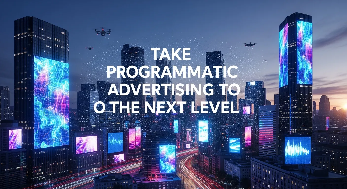 Graphic showing how to take programmatic advertising to the next level, featuring advanced data analytics, AI-driven targeting, real-time bidding, and optimized campaign performance