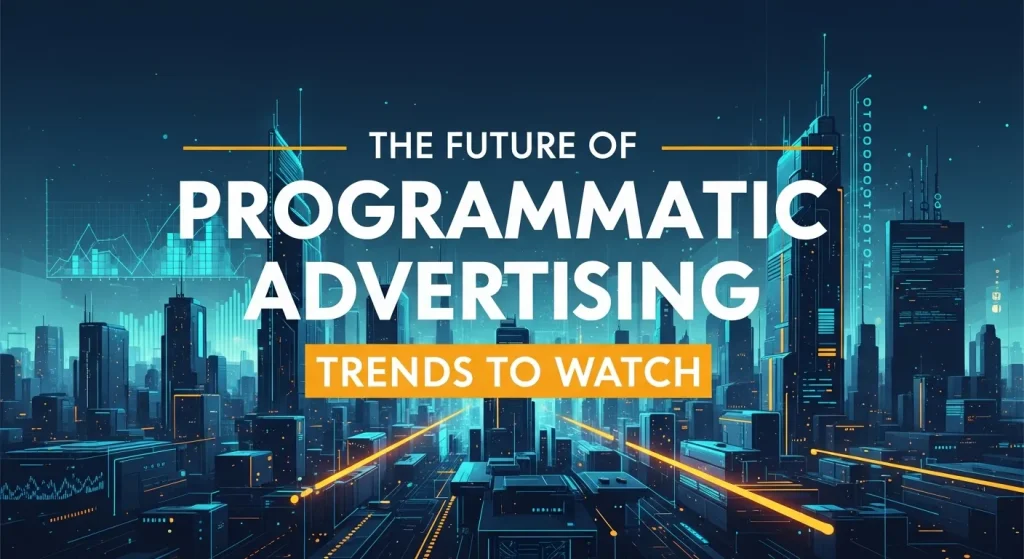 Digital marketing concept showing programmatic advertising trends with AI, data analytics, and automated ad targeting on multiple screens