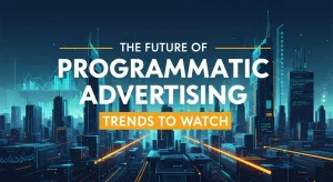Digital marketing concept showing programmatic advertising trends with AI, data analytics, and automated ad targeting on multiple screens