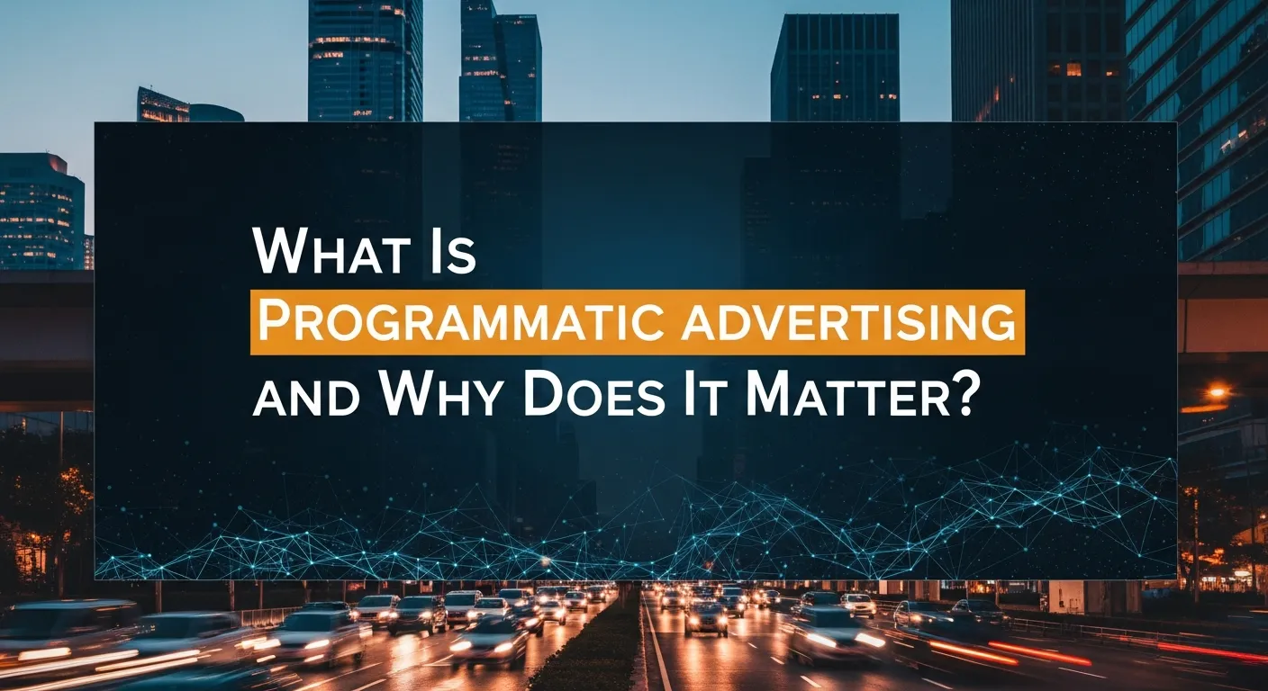 Graphic explaining what programmatic advertising is and why it matters, highlighting automated ad buying, real-time bidding, audience targeting, and the role of big data in driving marketing decisions