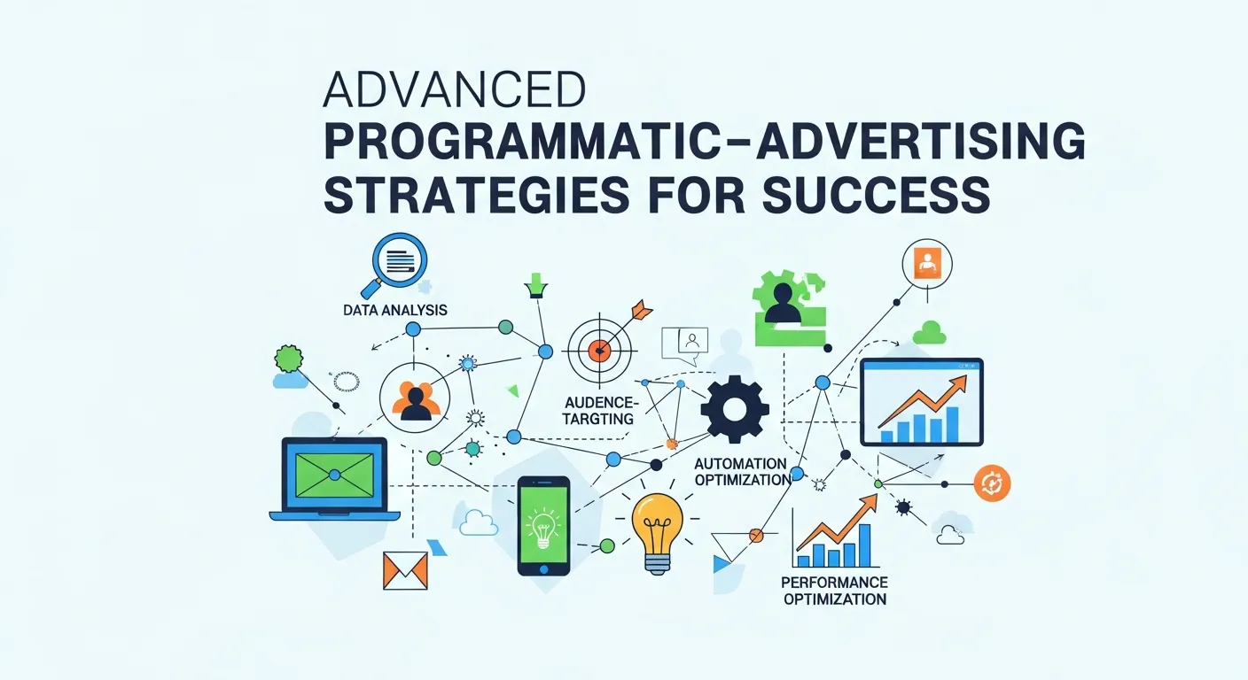 Graphic depicting advanced programmatic advertising strategies, including data-driven targeting, real-time bidding, and campaign optimization for maximizing ad performance and ROI