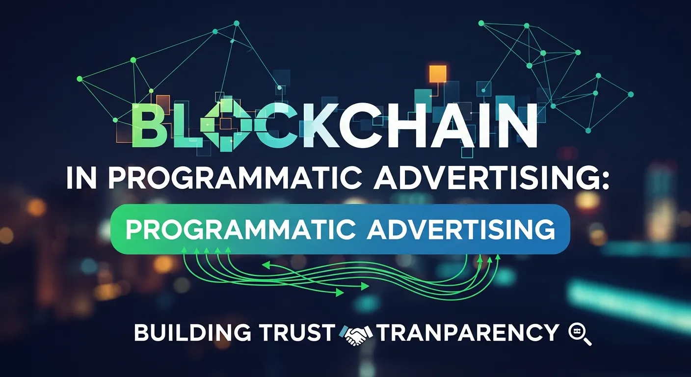Visual showing blockchain in Programmatic Advertising, emphasizing secure ad transactions, transparency, fraud prevention, and building trust between advertisers, publishers, and digital platforms.