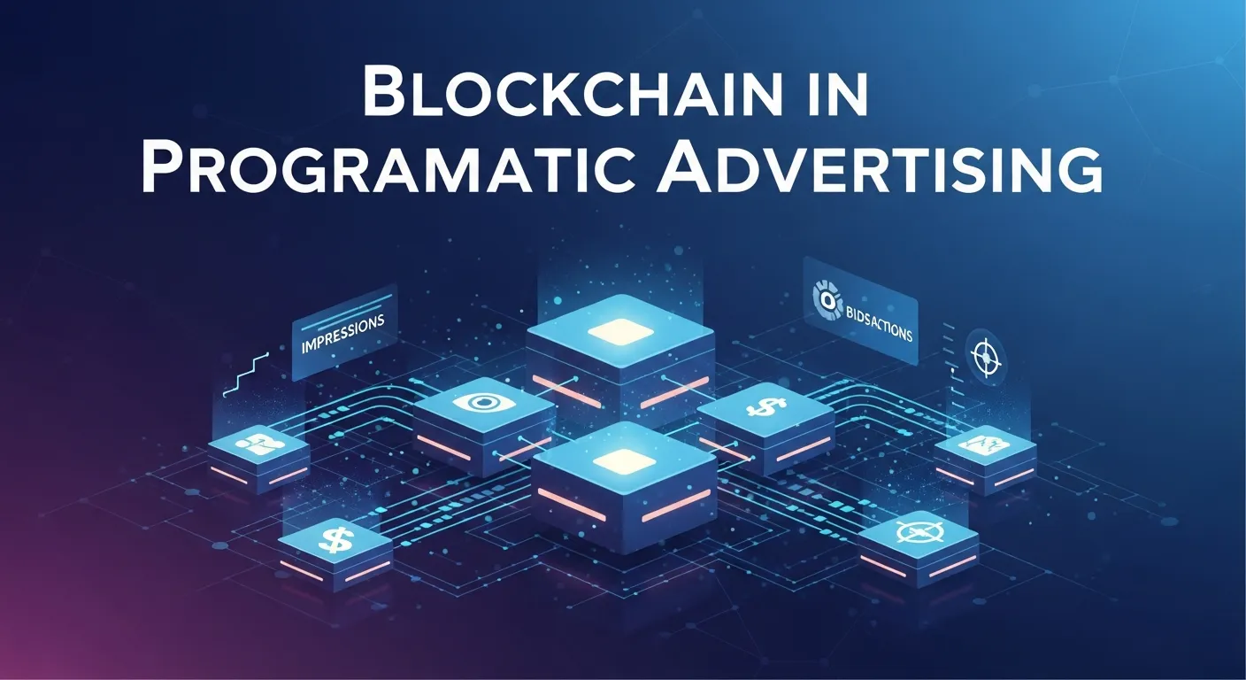 Diagram showing blockchain in Programmatic Advertising, illustrating transparent ad transactions, reduced ad fraud, secure data sharing, and improved trust between advertisers, publishers, and platforms.