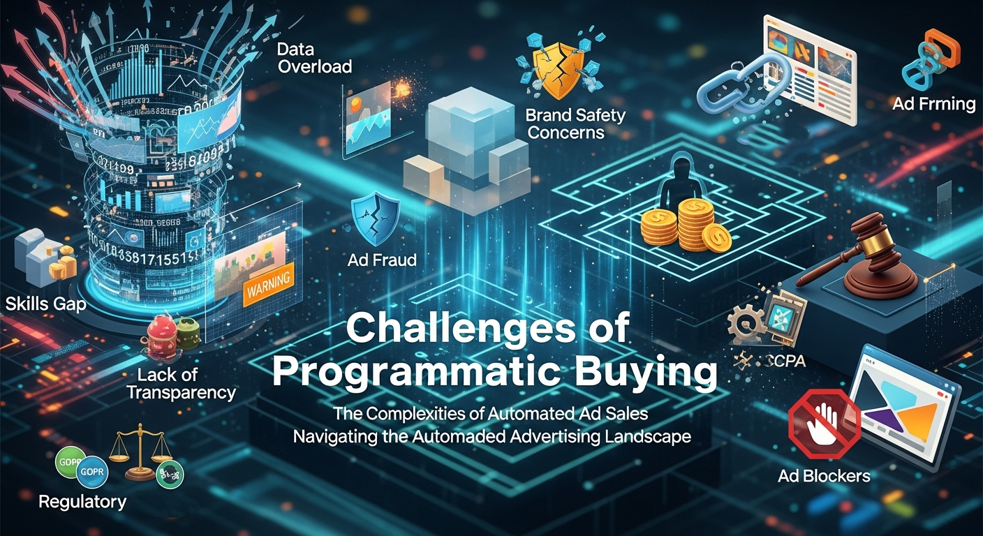 Illustration highlighting challenges in programmatic advertising, including ad fraud, viewability issues, data privacy concerns, and campaign optimization difficulties