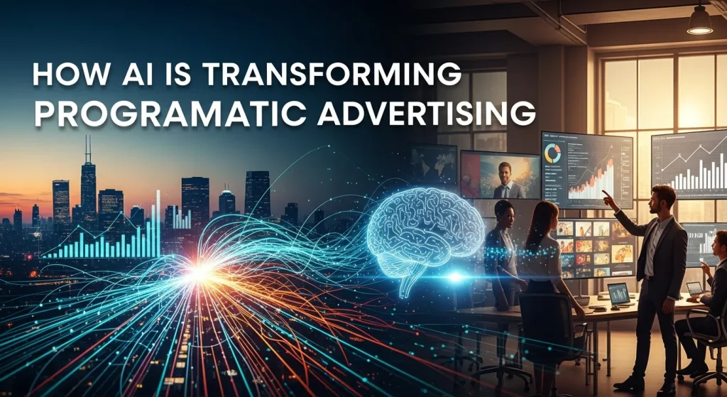 Conceptual graphic of AI analyzing user data to optimize ad delivery across channels