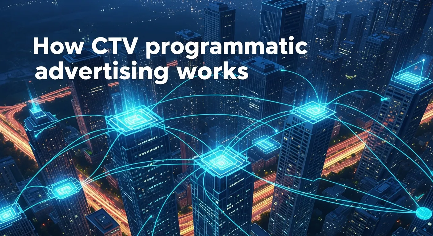 Diagram explaining the workflow of CTV programmatic advertising, from audience targeting to real-time ad placement