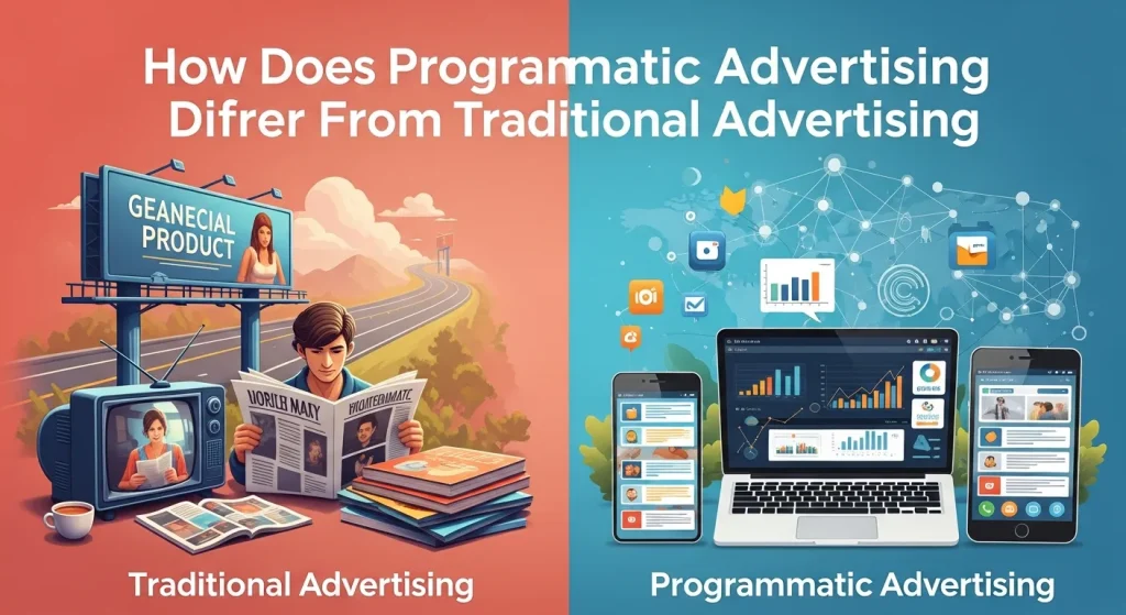 Diagram comparing automated programmatic ads with traditional ad buying