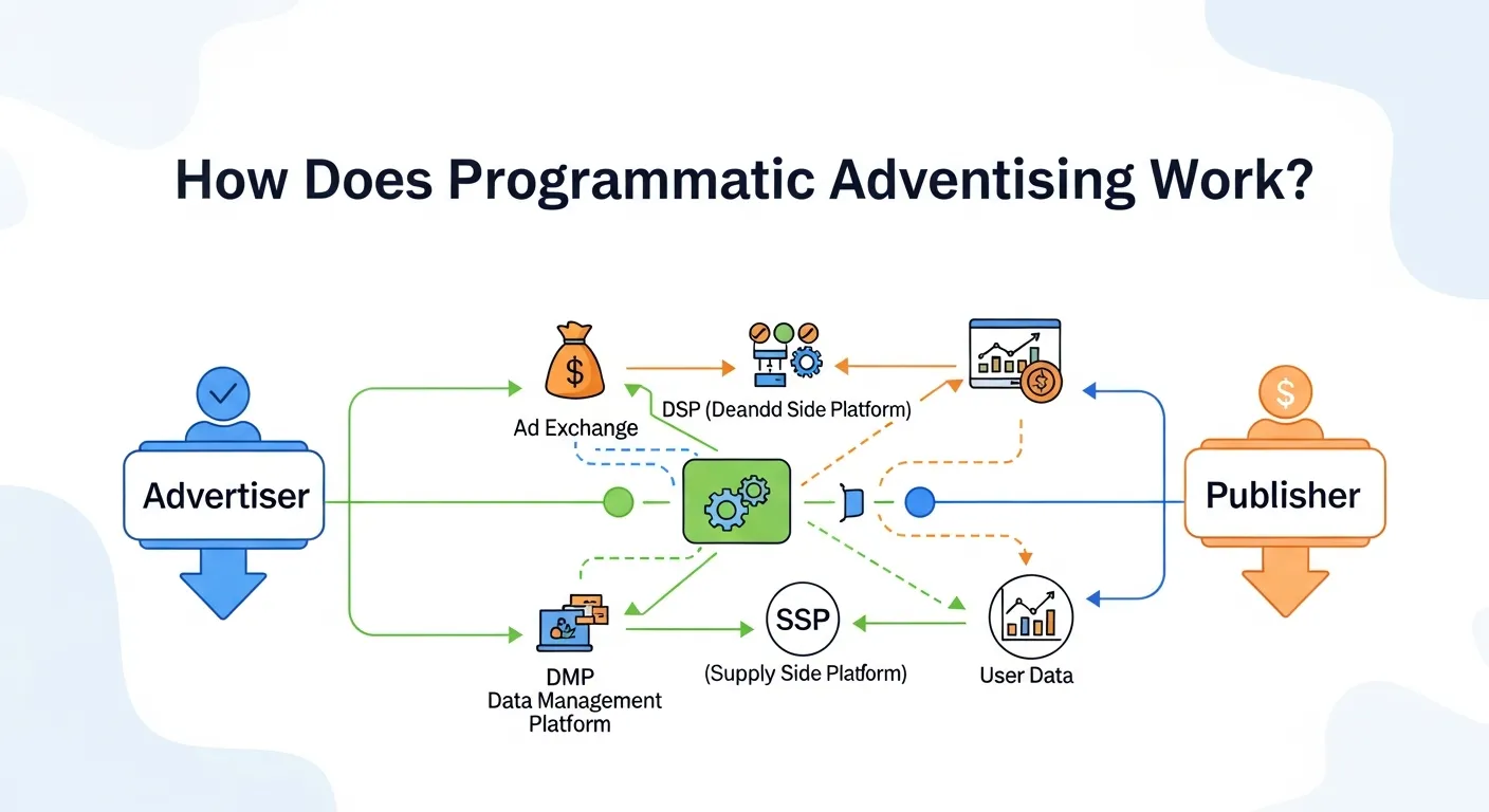 Graphic showing real-time bidding and data flow in programmatic advertising