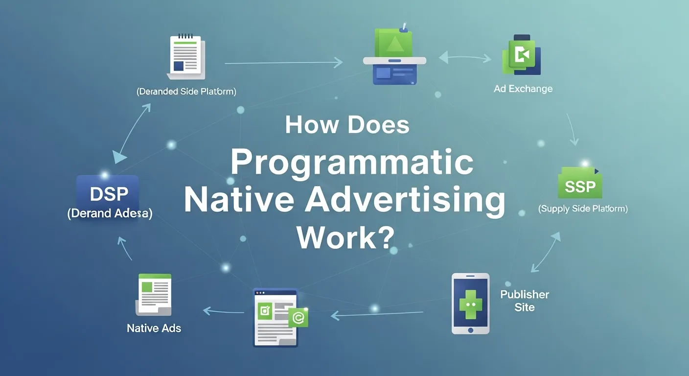 Graphic explaining how programmatic native advertising works, showing automated ad placement within content, real-time bidding, audience targeting, and seamless integration with websites and apps