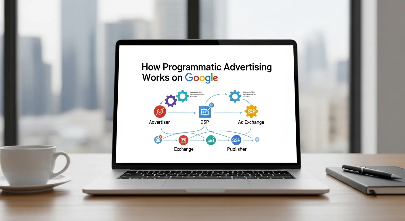 Illustration of how programmatic advertising works on Google, showing automated bidding, targeting, and ad placements in real-time across various platforms.