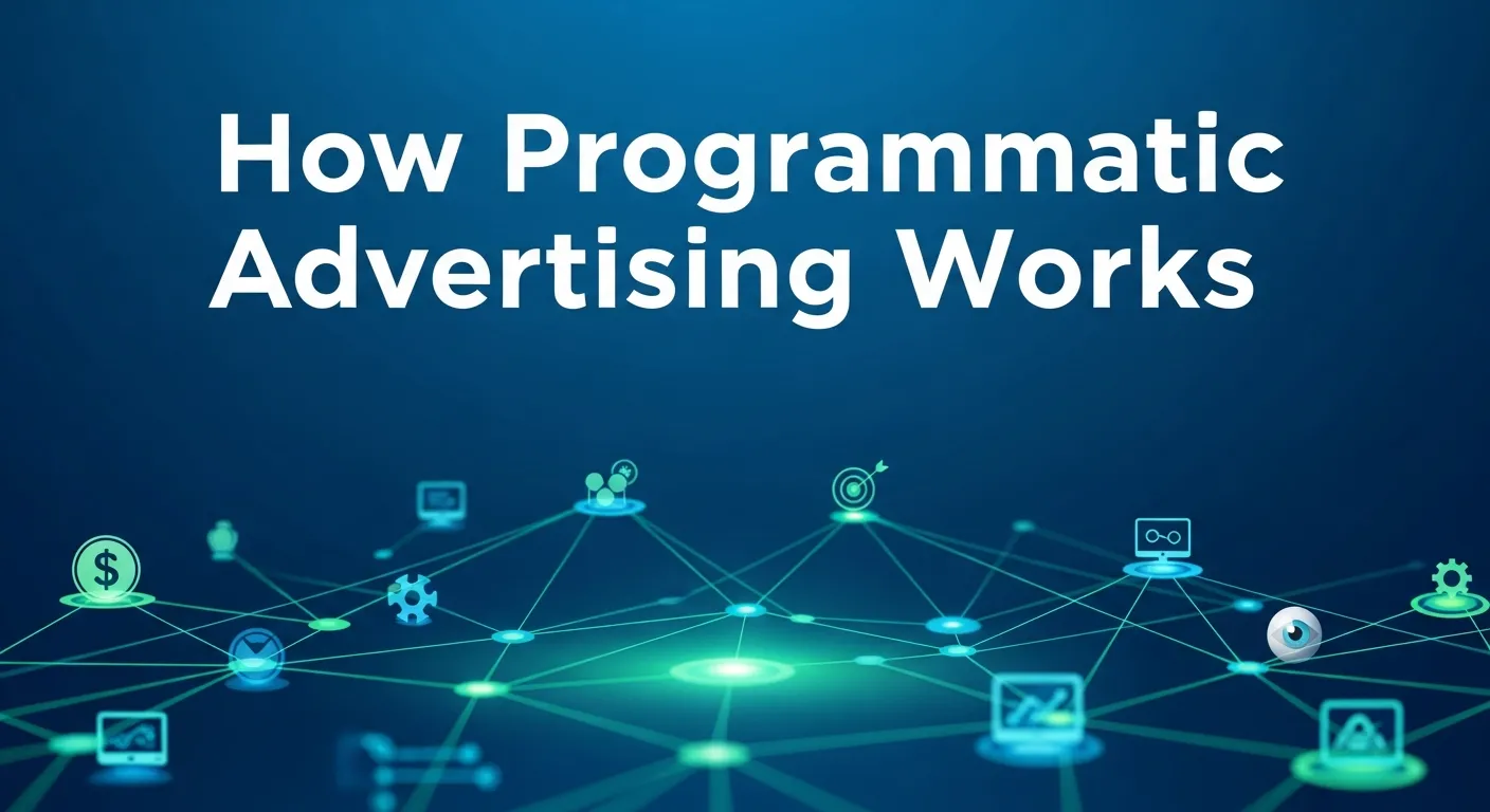 Diagram explaining how Programmatic Advertising works, showing automated ad buying, real-time bidding, data-driven audience targeting, and ad delivery across multiple digital platforms.