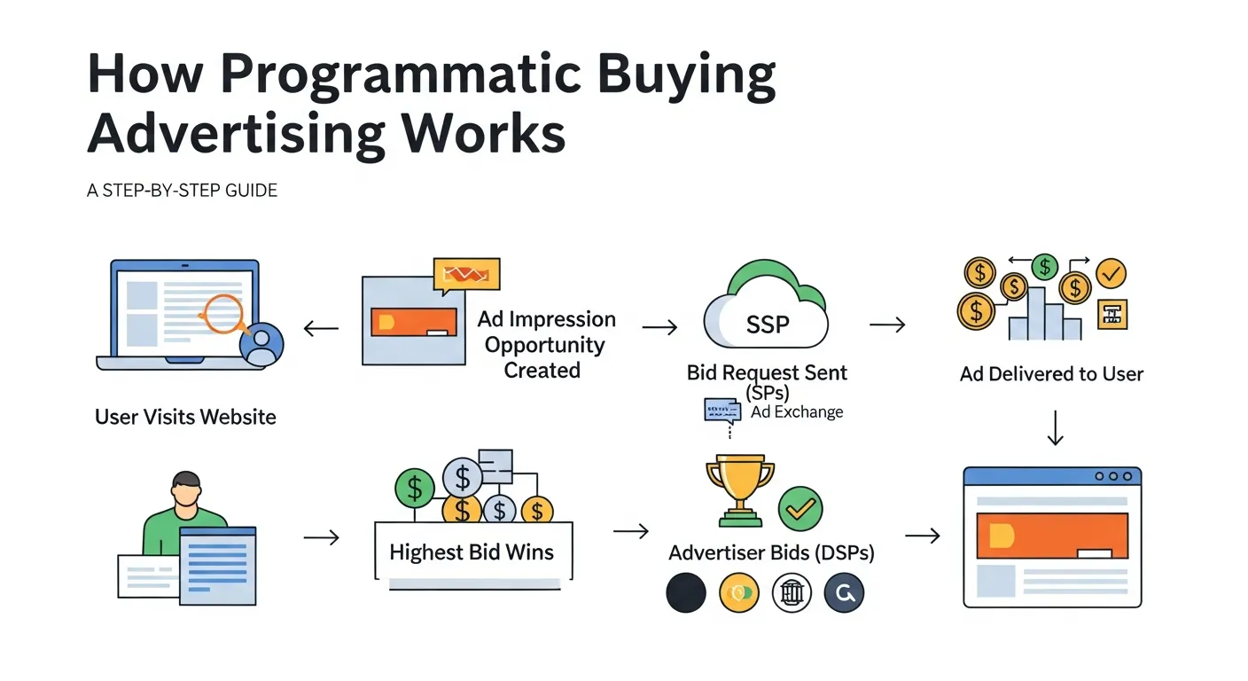 Illustration of programmatic advertising workflow showing automated ad bidding, audience targeting, and real-time digital ad placement