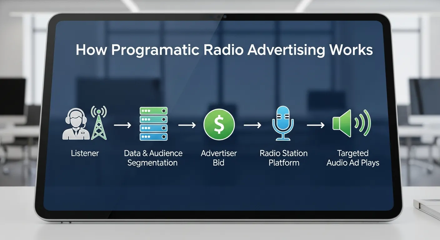 Infographic illustrating the workflow of programmatic radio ads from advertiser to listener