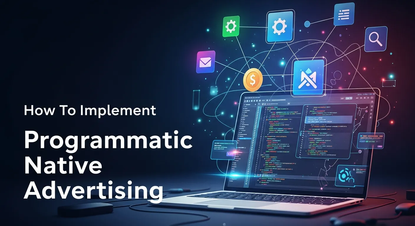 Graphic showing the steps to implement programmatic native advertising, including audience targeting, automated ad placement, content alignment, real-time bidding, and campaign optimization