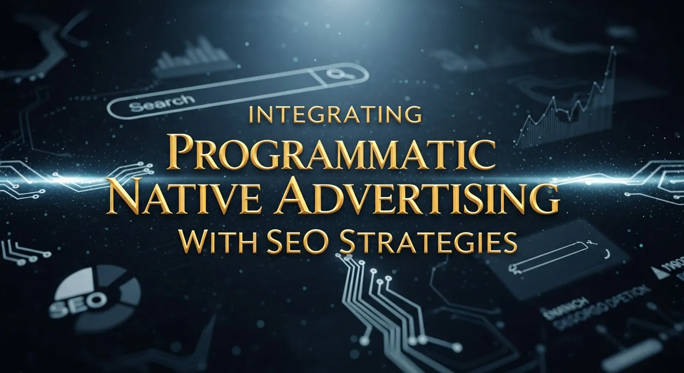 Illustration showing the integration of programmatic native advertising with SEO strategies, highlighting content optimization, targeted ad placement, audience engagement, and improved search visibility