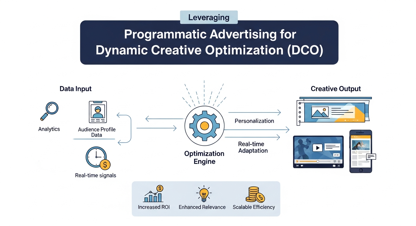 Illustration showing how programmatic advertising enables dynamic creative optimization (DCO), featuring personalized ad variations, real-time content adjustments, and automated performance improvements