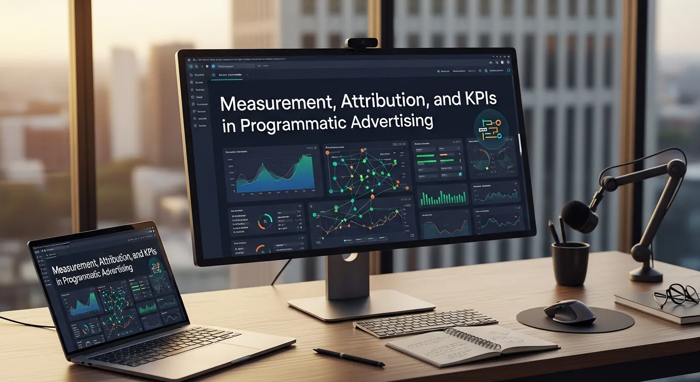 Diagram explaining how programmatic advertising performance is measured using attribution models and KPIs