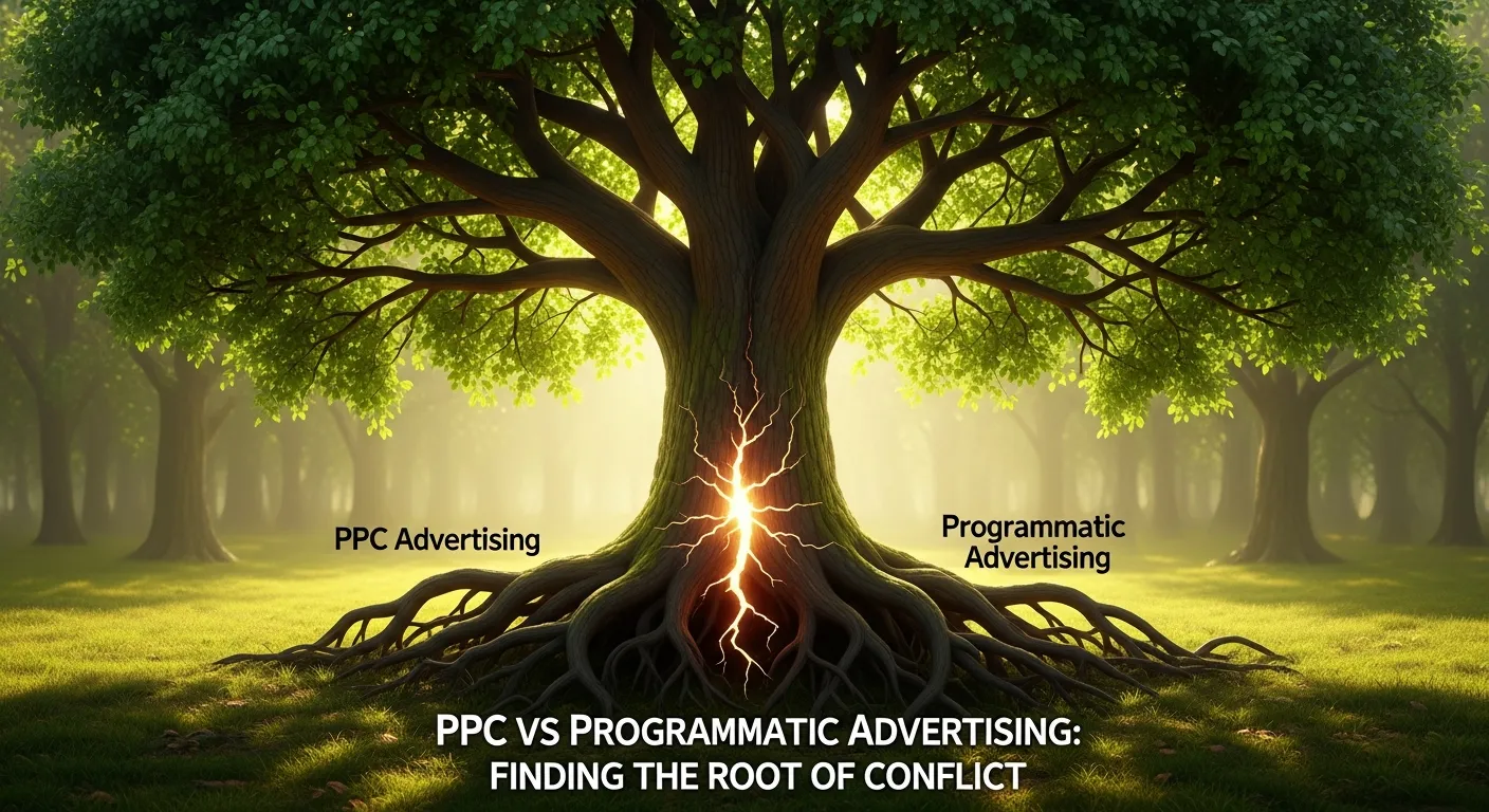 Digital marketing diagram contrasting manual PPC bidding with automated programmatic real-time bidding