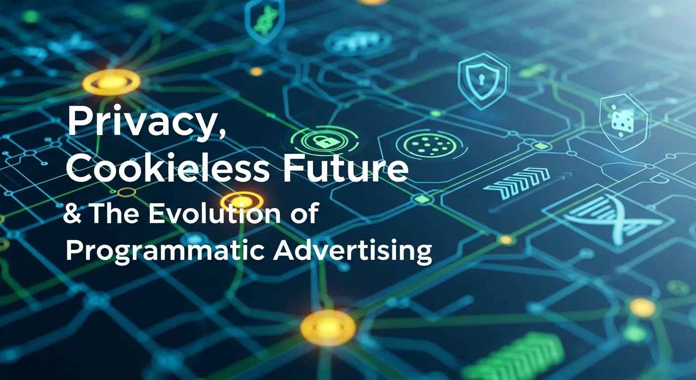 Conceptual graphic illustrating the evolution of programmatic advertising in a privacy-focused, cookieless future, featuring data protection icons, first-party data strategies, and AI-driven ad targeting