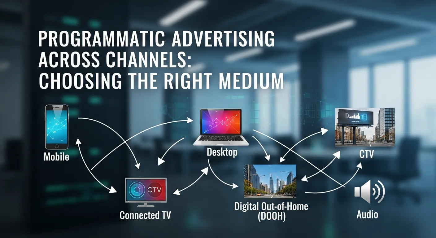 Diagram illustrating programmatic ad delivery on display, social, mobile, and video channels