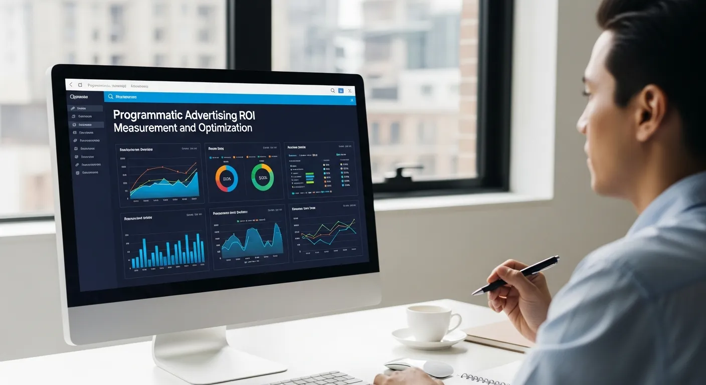 Illustration showing programmatic advertising ROI measurement and optimization, featuring analytics dashboards, performance metrics, A/B testing, and automated bid adjustments for better campaign results.