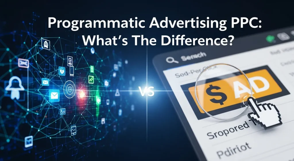 Digital marketing illustration showing automated programmatic ads versus keyword-based PPC ads