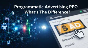 Digital marketing illustration showing automated programmatic ads versus keyword-based PPC ads