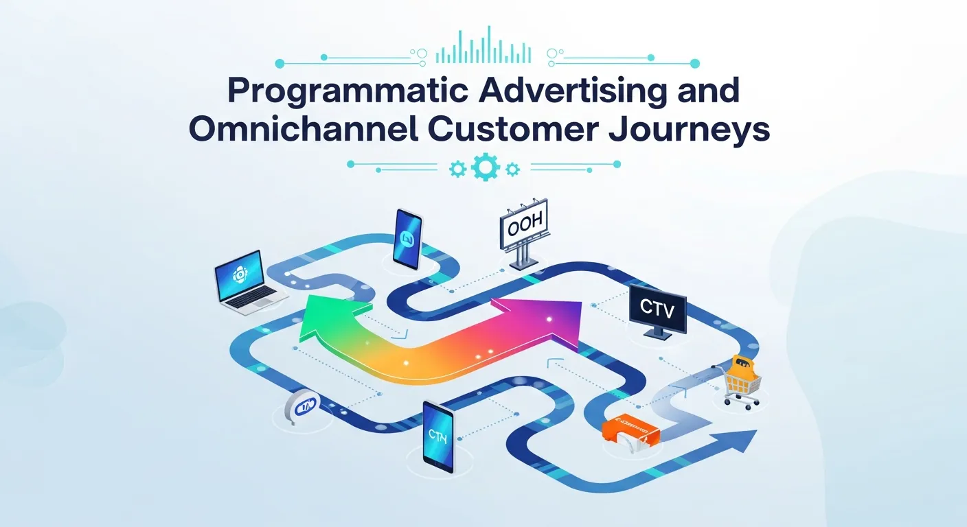 Graphic showing programmatic advertising across omnichannel customer journeys, highlighting coordinated ad delivery on web, mobile, social, and in-app platforms for a seamless user experience