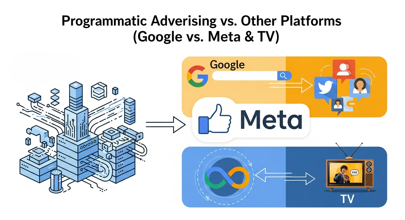 Comparison graphic showing programmatic advertising on Google versus Meta and traditional TV, highlighting differences in targeting, automation, reach, real-time bidding, and performance measurement.