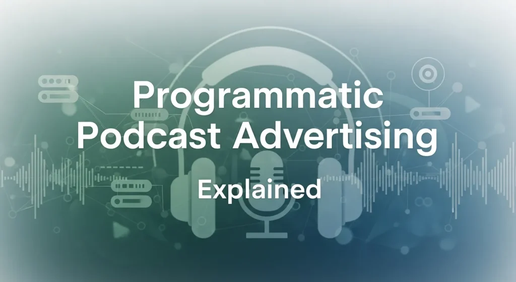Graphic showing programmatic podcast advertising workflow with automated ad placement on different podcast platforms