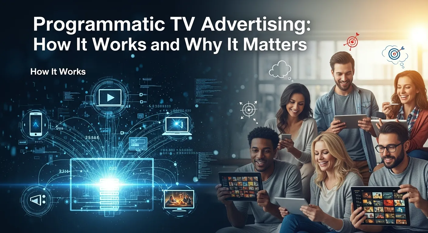 Graphic showing programmatic TV advertising, highlighting automated ad buying, targeted audience segmentation, and real-time optimization across television and connected TV platforms