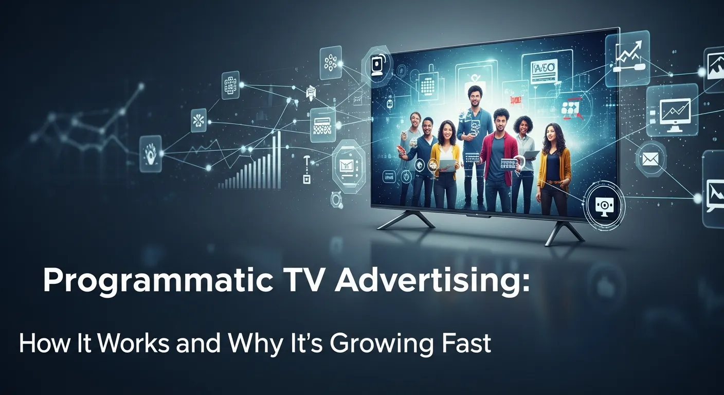 Infographic of programmatic TV ad buying process from advertiser to connected TV audience