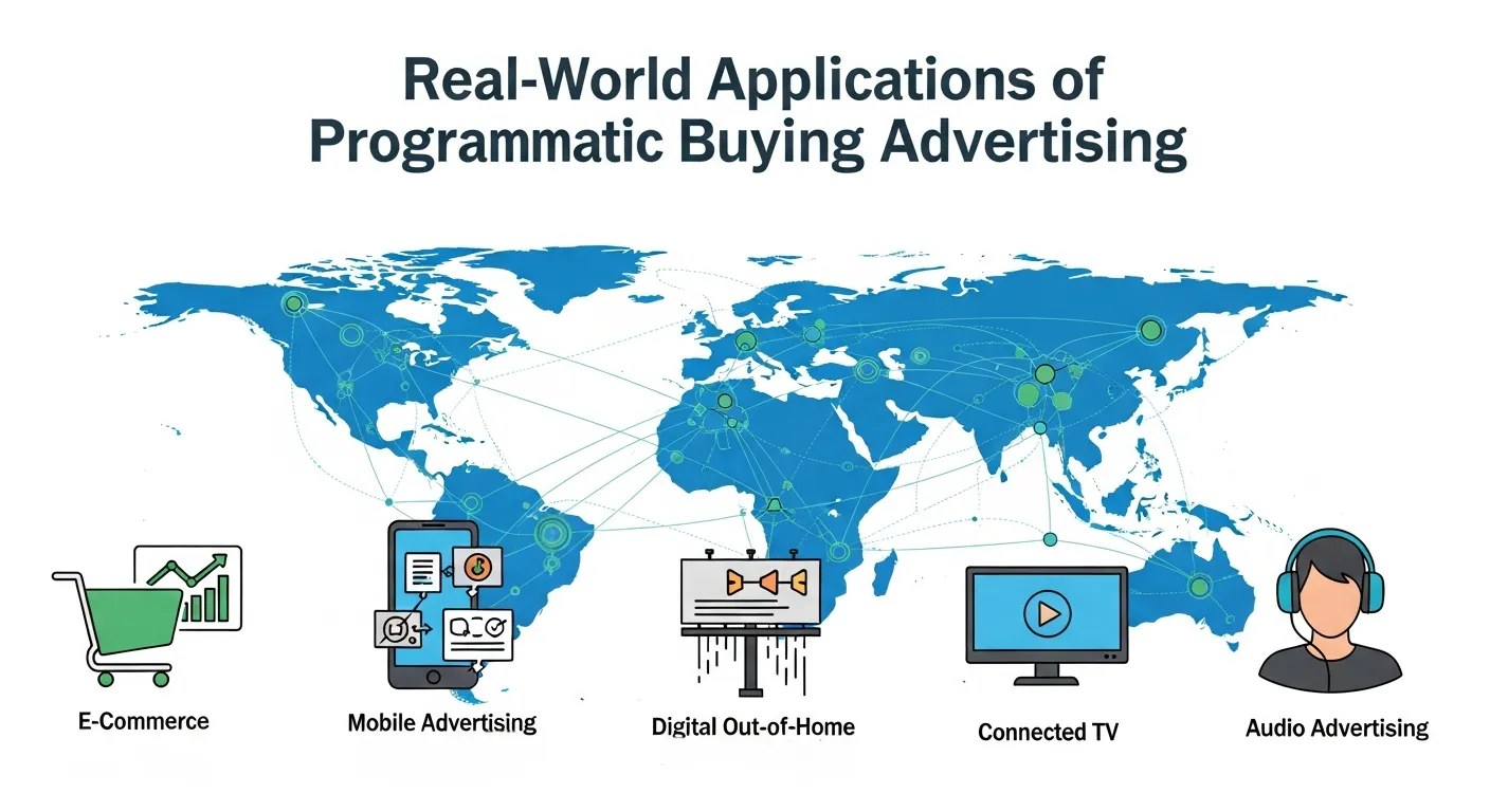Visual showing real-world applications of programmatic advertising, including targeted digital ads on websites, mobile apps, and social media platforms
