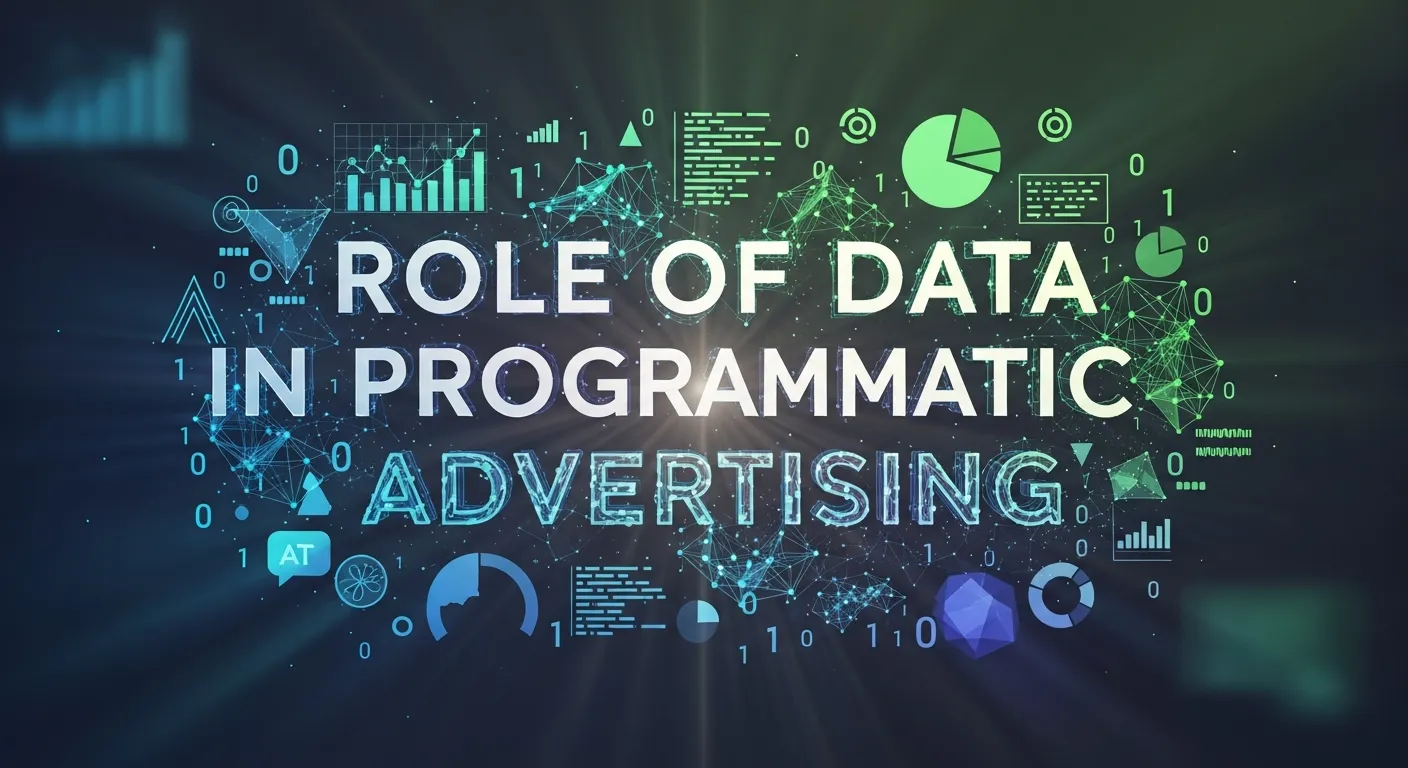 Illustration showing the role of data in Programmatic Advertising, highlighting audience insights, behavioral tracking, demographic analysis, and how data drives targeted and personalized ad campaigns.