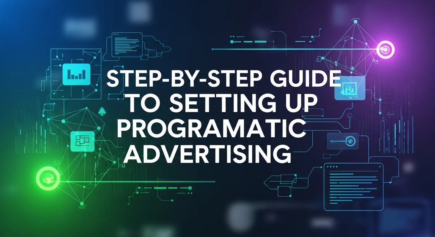 Visual guide showing a step-by-step process for Programmatic Advertising setup, including campaign goal definition, audience targeting, DSP selection, ad creation, budgeting, launching, and performance optimization.